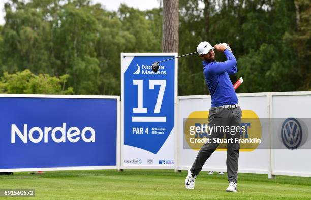 Scott Jamieson of Scotland hits his tee shot on the 17th hole during the second round of The Nordea Masters at Barseback Golf & Country Club on June...