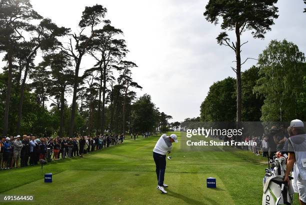 Matthew Fitzpatrick of England in action during the second round of The Nordea Masters at Barseback Golf & Country Club on June 2, 2017 in...