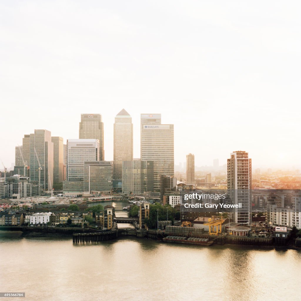 Elevated view over London Docklands financial district at sunset