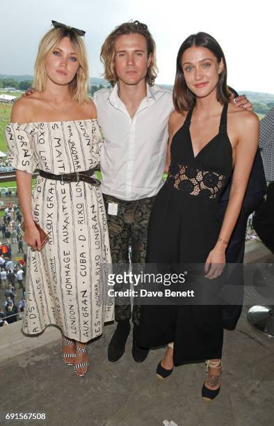 Kara Rose Marshall, Dougie Poynter and Sophie Hopkins attend Ladies Day of the 2017 Investec Derby Festival at The Jockey Club's Epsom Downs...