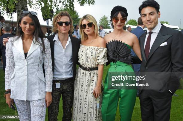 Cora Corre, Dougie Poynter, Kara Rose Marshall, Betty Bachz and Thomas Price attend Ladies Day of the 2017 Investec Derby Festival at The Jockey...