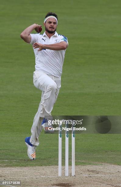 Jack Brooks of Yorkshire in action during Day One of the Specsavers County Championship Division One match between Yorkshire and Lancashire at...