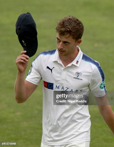 Ben Coad of Yorkshire salutes the crowd during Day One of the Specsavers County Championship Division One match between Yorkshire and Lancashire at...