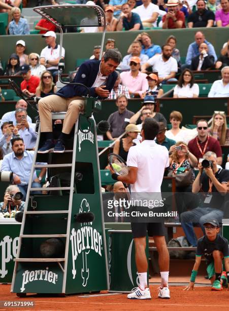 Novak Djokovic of Serbia argues with the Umpire during the men's singles third round match against Diego Schwartzman of Argentina on day six of the...