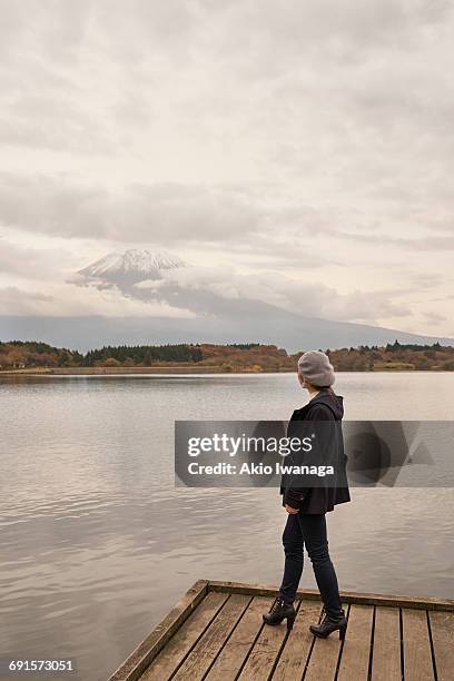 a woman looking at mount fuji - akio iwanaga stock pictures, royalty-free photos & images