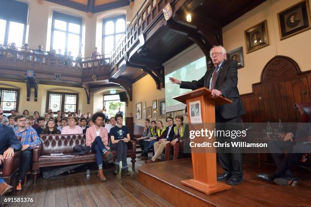 Bernie Sanders speaks at The Cambridge Union on June 2, 2017 in Cambridge, England. The former US presidential candidate gave a speech at the...