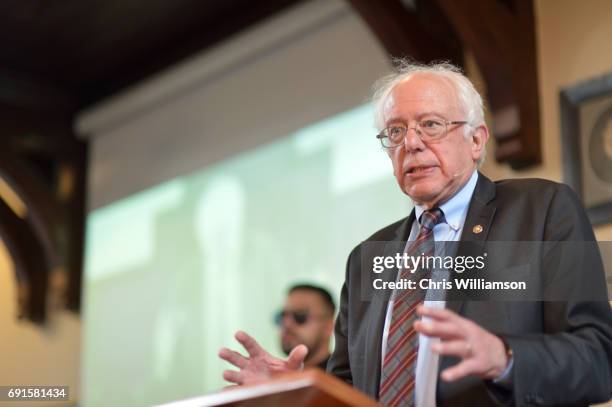 Bernie Sanders speaks at The Cambridge Union on June 2, 2017 in Cambridge, England. The former US presidential candidate gave a speech at the...