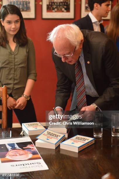 Bernie Sanders signs books at The Cambridge Union on June 2, 2017 in Cambridge, England. The former US presidential candidate gave a speech at the...
