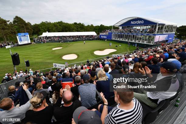 General view of the crowds on the 18th hole during the second round of The Nordea Masters at Barseback Golf & Country Club on June 2, 2017 in...