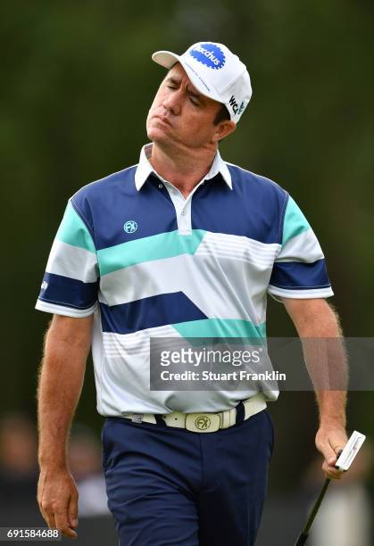 Scott Hend of Australia reacts to a putt during the second round of The Nordea Masters at Barseback Golf & Country Club on June 2, 2017 in...