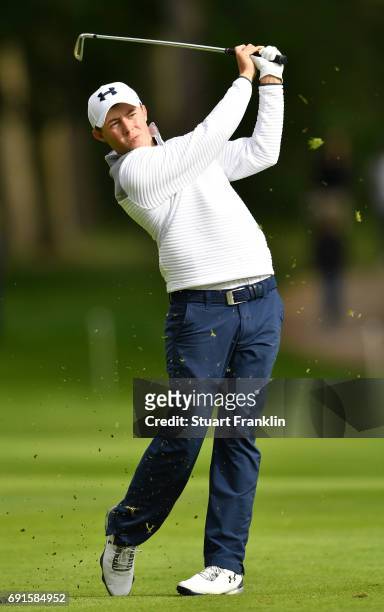 Matthew Fitzpatrick of England plays a shot a shot during the second round of The Nordea Masters at Barseback Golf & Country Club on June 2, 2017 in...