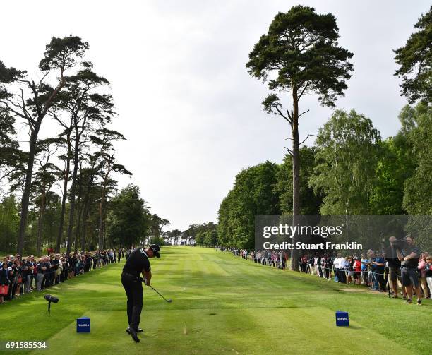 Henrik Stenson of Sweden plays a shot during the second round of The Nordea Masters at Barseback Golf & Country Club on June 2, 2017 in...