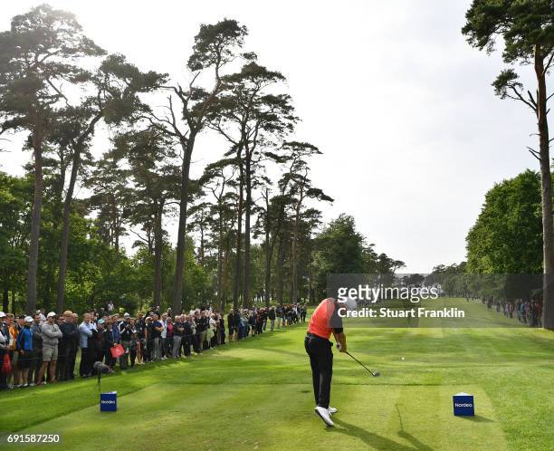 Alex Noren of Sweden plays a shot during the second round of The Nordea Masters at Barseback Golf & Country Club on June 2, 2017 in Barsebackshamn,...