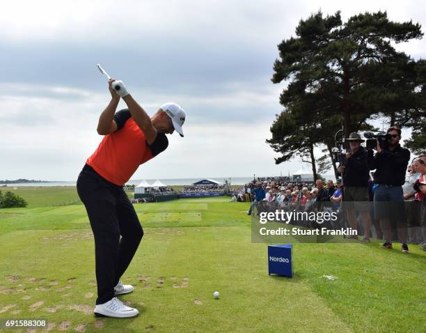 Alex Noren of Sweden plays a shot during the second round of The Nordea Masters at Barseback Golf & Country Club on June 2, 2017 in Barsebackshamn,...