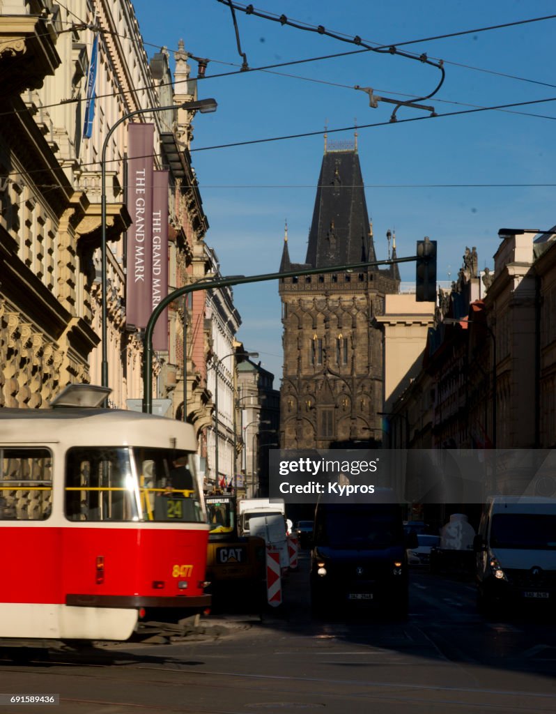 Europe, Czech Republic, Prague, View Of Tram And Powder Tower Or Gothic Powder Gate, Original City Gate, 11Th Century