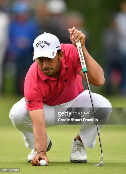 Pablo Larazzabal of Spain lines up a putt during the second round of The Nordea Masters at Barseback Golf & Country Club on June 2, 2017 in...