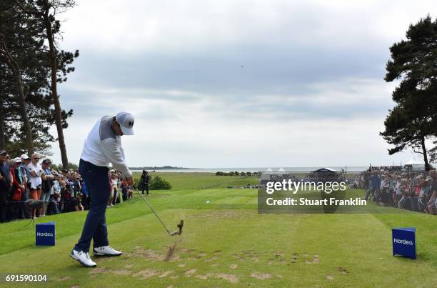 Matthew Fitzpatrick of England plays a shot a shot during the second round of The Nordea Masters at Barseback Golf & Country Club on June 2, 2017 in...