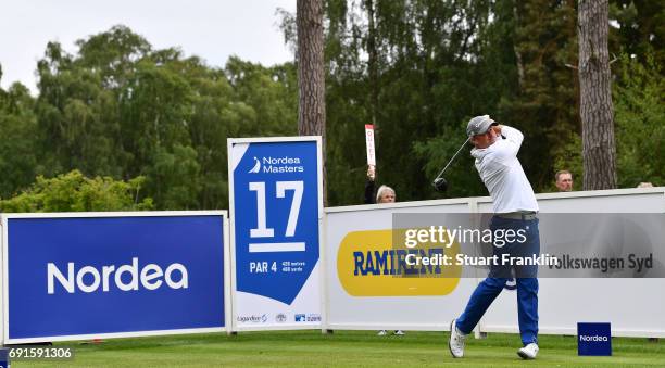 Jamie Donaldson of Wales plays a shot during the second round of The Nordea Masters at Barseback Golf & Country Club on June 2, 2017 in...