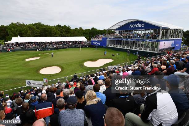 General view of the crowds on the 18th hole during the second round of The Nordea Masters at Barseback Golf & Country Club on June 2, 2017 in...