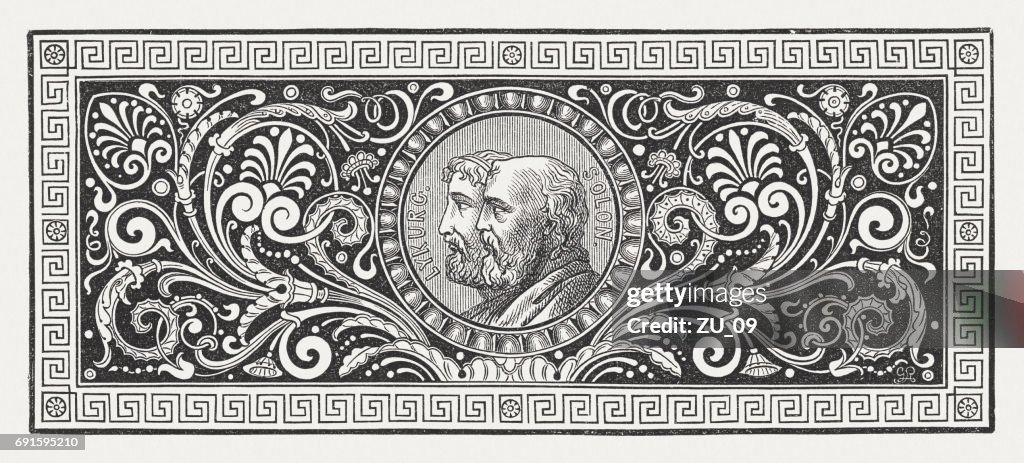 Greek ornament with Lykurgus and Solon, wood engraving, published 1880