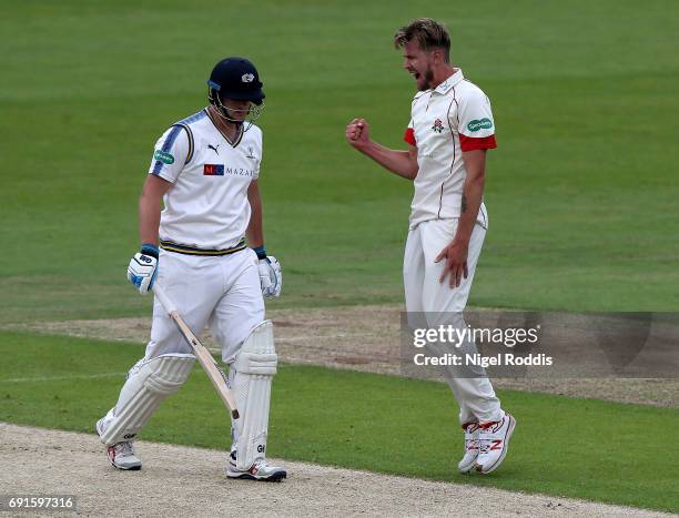 Tom Bailey of Lancashire celebrates taking the wicket of Alex Lees of Yorkshire during Day One of the Specsavers County Championship Division One...