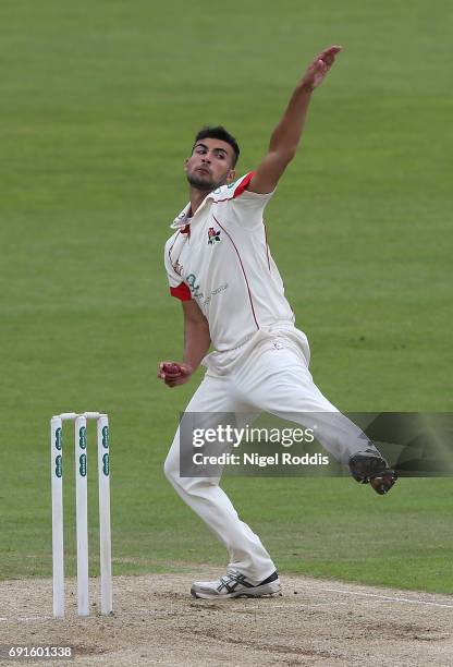 Saqib Mahmood of Lancashire in action during Day One of the Specsavers County Championship Division One match between Yorkshire and Lancashire at...