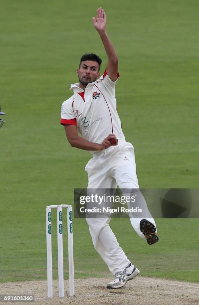 Saqib Mahmood of Lancashire in action during Day One of the Specsavers County Championship Division One match between Yorkshire and Lancashire at...