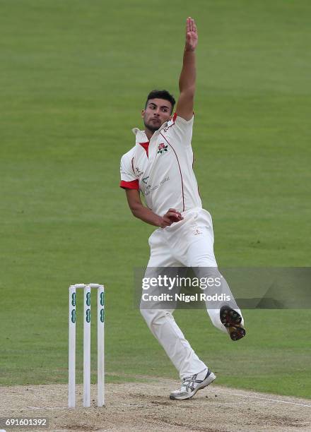 Saqib Mahmood of Lancashire in action during Day One of the Specsavers County Championship Division One match between Yorkshire and Lancashire at...