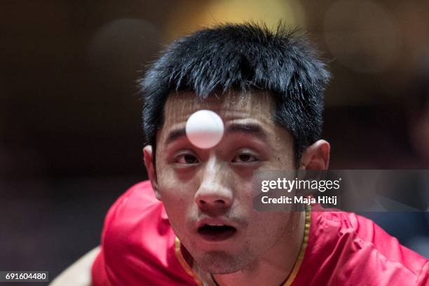 Jike Zhang of China competes during Men's Singles quarterfinals at Table Tennis World Championship at Messe Duesseldorf on June 2, 2017 in...