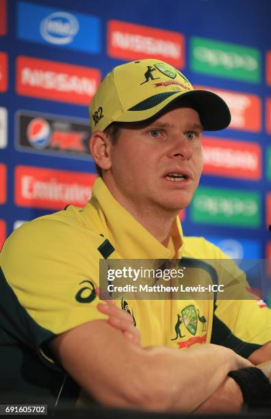 Steve Smith, captain of Australia talks to the media after the ICC Champions Trophy match between Australia and New Zealand at Edgbaston on June 2,...