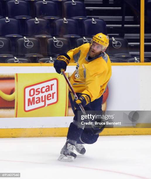 Mattias Ekholm of the Nashville Predators takes part in a practice session during the 2017 NHL Stanley Cup Finals at Bridgestone Arena on June 2,...