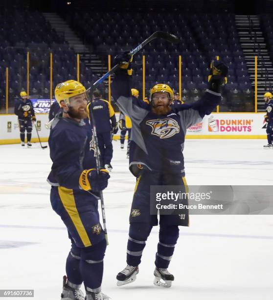 Ryan Ellis of the Nashville Predators takes part in a practice session during the 2017 NHL Stanley Cup Finals at Bridgestone Arena on June 2, 2017 in...