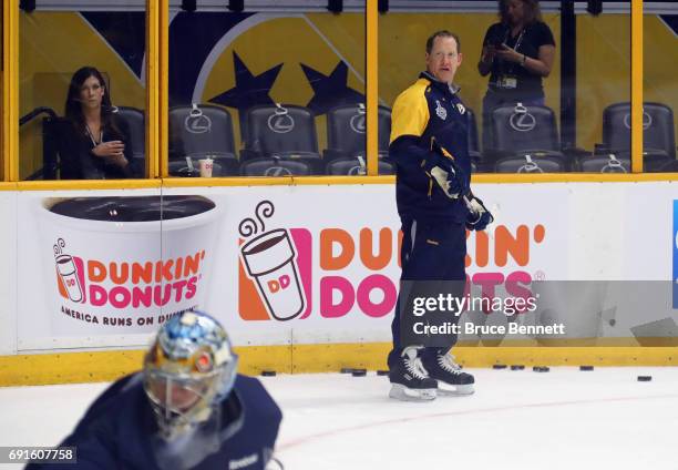 Assistant coach Phil Housley of the Nashville Predators takes part in a practice session during the 2017 NHL Stanley Cup Finals at Bridgestone Arena...