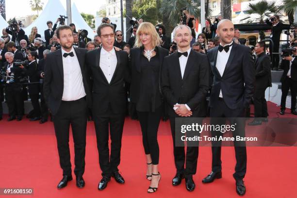 Joachim Lafosse, Reda Kateb, un Certain Regard jury president Uma Thurman, jury members Karel Och and Mohamed Diab attend the "Based On A True Story"...