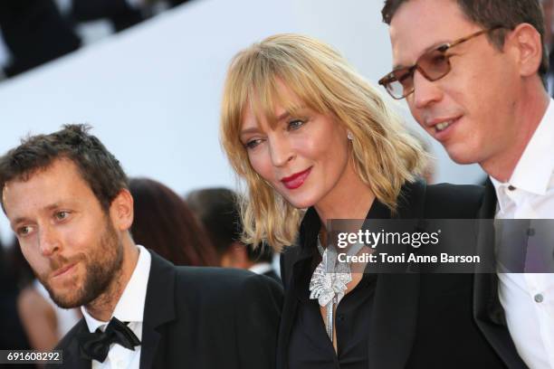 Joachim Lafosse, un Certain Regard jury president Uma Thurman and Reda Kateb attend the "Based On A True Story" screening during the 70th annual...