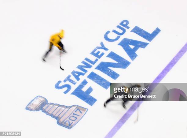 The Nashville Predators take part in a practice session during the 2017 NHL Stanley Cup Finals at Bridgestone Arena on June 2, 2017 in Nashville,...