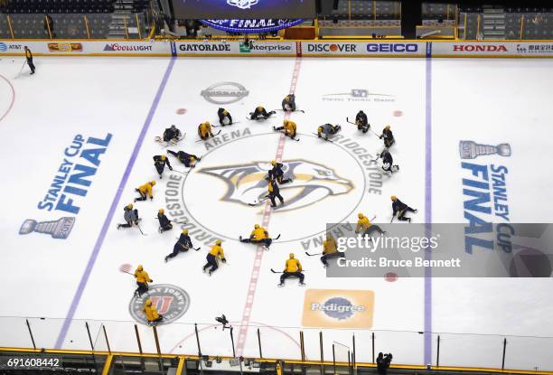 The Nashville Predators take part in a practice session during the 2017 NHL Stanley Cup Finals at Bridgestone Arena on June 2, 2017 in Nashville,...