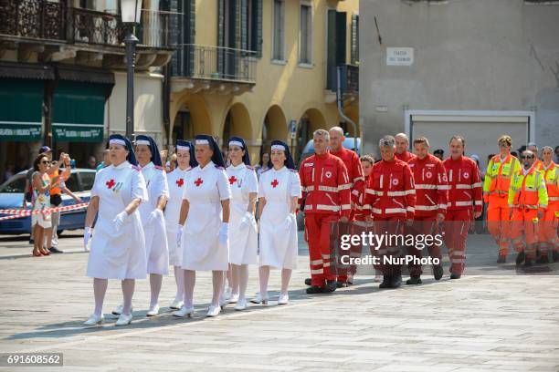 Members of the Italian Red Cross attend the military parade during the celebrations of the Italian Republic Day on June 2, 2017 in Padua, Italy.