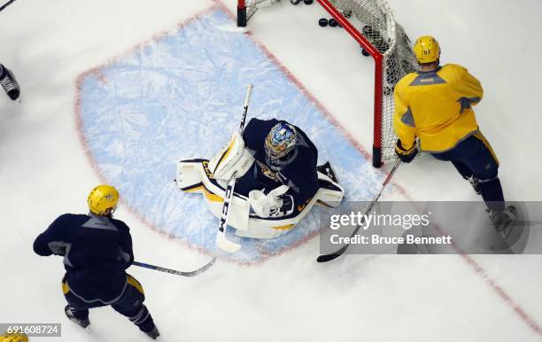 Pekka Rinne of the Nashville Predators takes part in a practice session during the 2017 NHL Stanley Cup Finals at Bridgestone Arena on June 2, 2017...