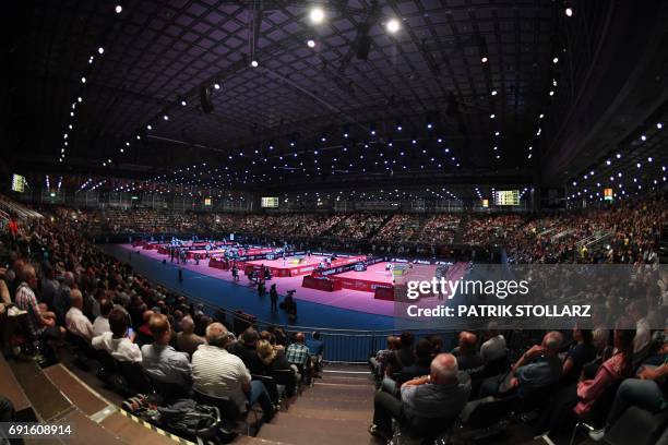 General overview over the hall 6 of the Duesseldorf fairground is taken during the third round men´s singles match during the WTTC World Table Tennis...