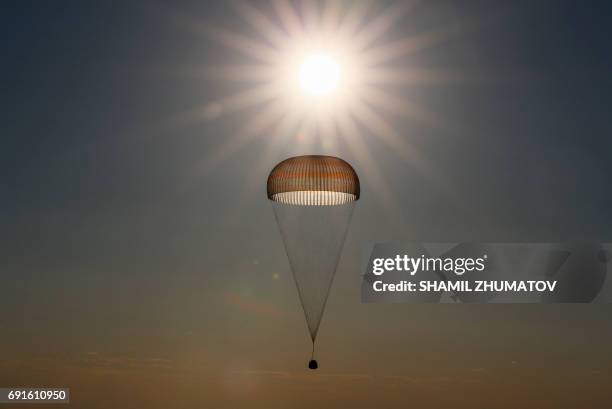 The Soyuz MS-03 space capsule carrying the International Space Station crew of Russian cosmonaut Oleg Novitskiy and French astronaut Thomas Pesquet...