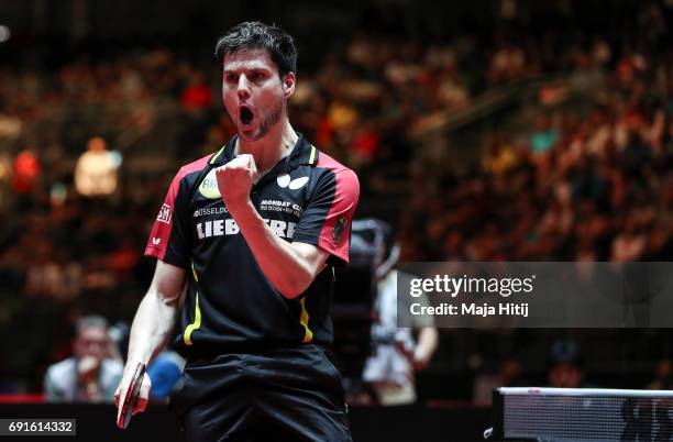 Dimitrij Ovtcharov of Germany celebrates during Men's Singles quarterfinals at Table Tennis World Championship at Messe Duesseldorf on June 2, 2017...