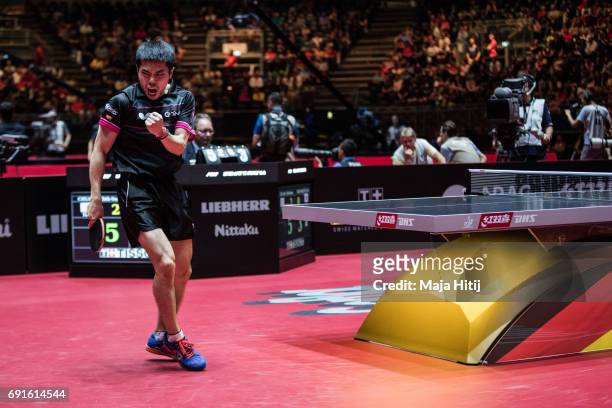 Chuang Chih-Yuan of Taiwan celebrates during Men's Singles quarterfinals at Table Tennis World Championship at Messe Duesseldorf on June 2, 2017 in...