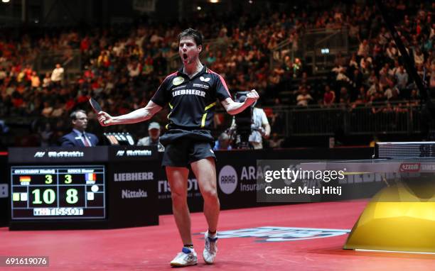 Dimitrij Ovtcharov of Germany celebrates after winning Men's Singles quarterfinals at Table Tennis World Championship at Messe Duesseldorf on June 2,...