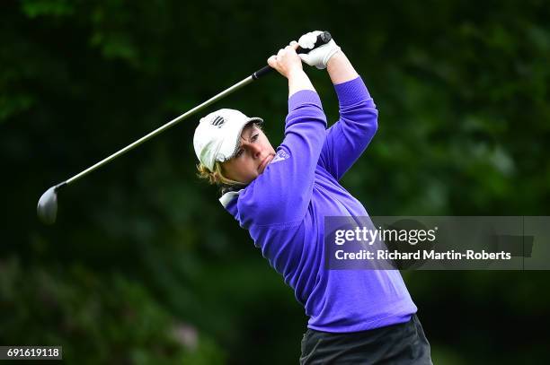 Alexandra Keighley of Huddersfield GC tees off on the 2nd hole during the Lombard Trophy Women's PGA North Qualifier at Dunham Forest Golf and...