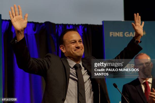 Fine Gael TD for Dublin West and Minister for Social Protection, Leo Varadkar celebrates victory, after winning the party leadership election, at the...