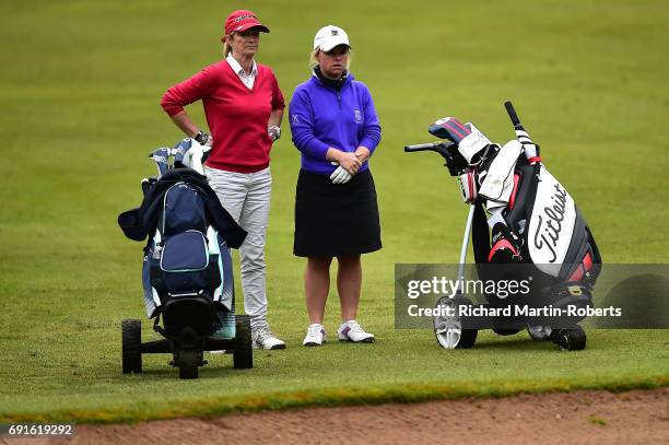 Alexandra Keighley and Amateur Tracy Jeffries of Huddersfield GC look on during the Lombard Trophy Women's PGA North Qualifier at Dunham Forest Golf...