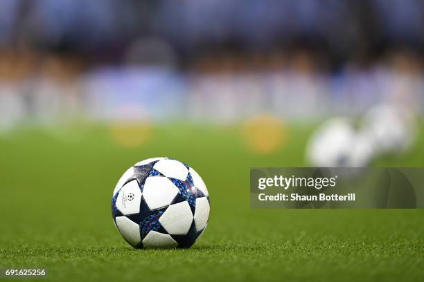 The Champions Leauge ball is seen during a Real Madrid training session prior to the UEFA Champions League Final between Juventus and Real Madrid at...