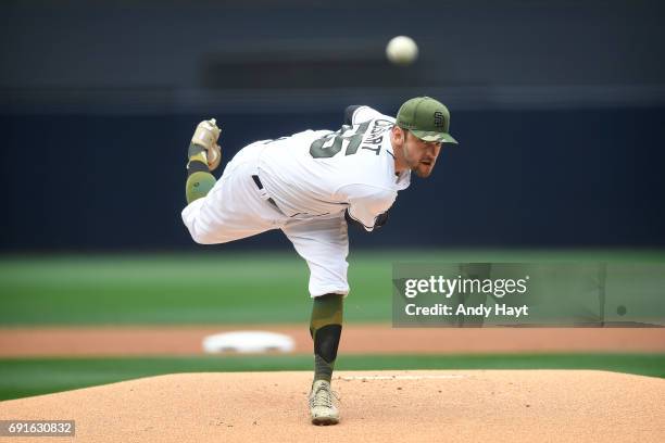 Jarred Cosart of the San Diego Padres pitches during the game against the Chicago Cubs at Petco Park on May 29, 2017 in San Diego, California.