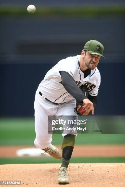 Jarred Cosart of the San Diego Padres pitches during the game against the Chicago Cubs at Petco Park on May 29, 2017 in San Diego, California.